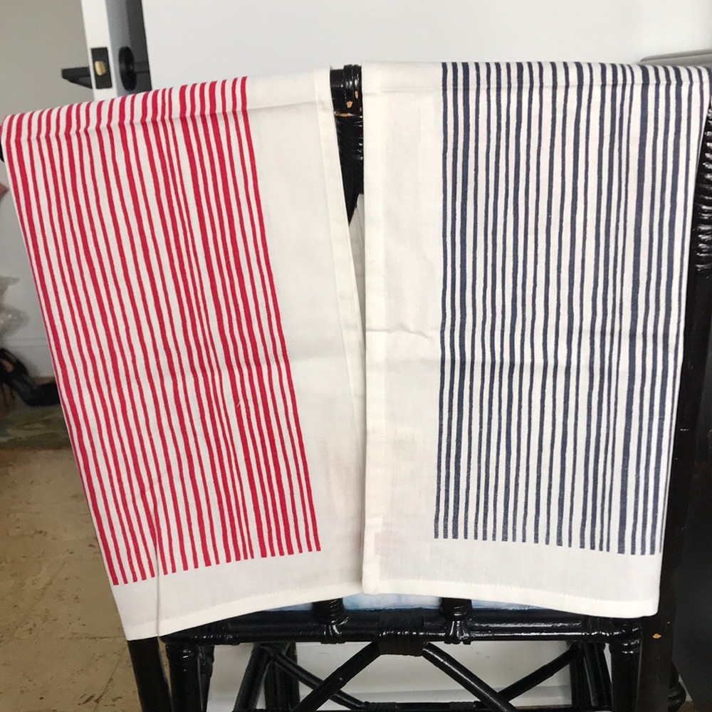 West Elm White Red Blue Linen Cotton Kitchen Towels NWT Set of Two